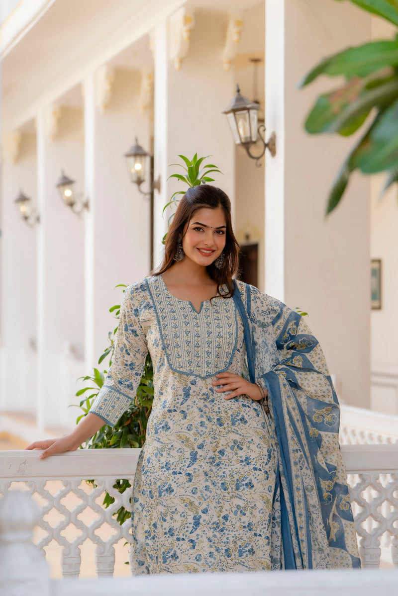 EthniFlair Floral Printed Aari Work Kurta with Palazzos & Dupatta