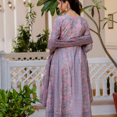 EthniFlair Floral Printed Panelled Thread Work Kurta with Trousers & Dupatta