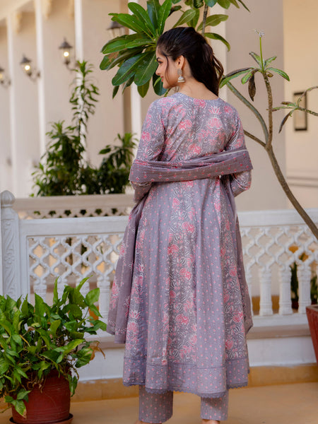 EthniFlair Floral Printed Panelled Thread Work Kurta with Trousers & Dupatta