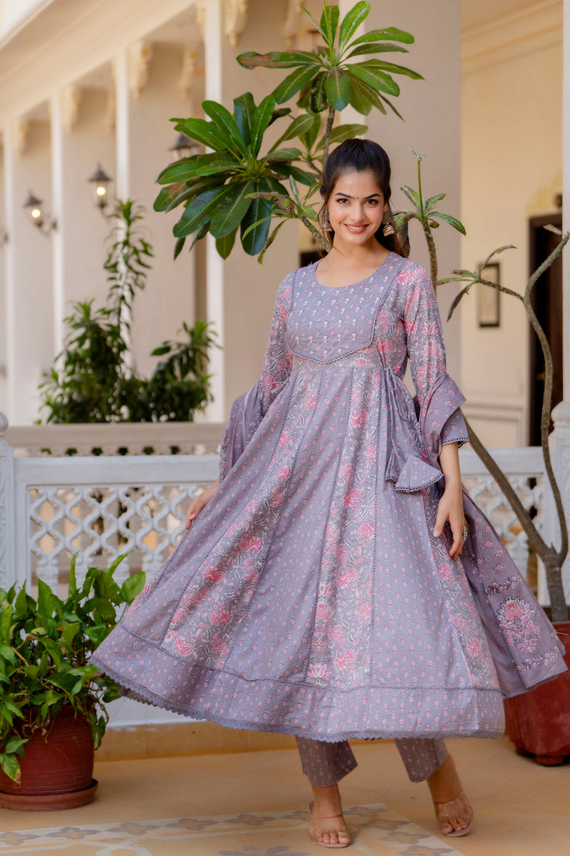 EthniFlair Floral Printed Panelled Thread Work Kurta with Trousers & Dupatta