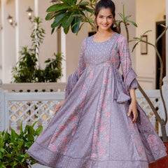 EthniFlair Floral Printed Panelled Thread Work Kurta with Trousers & Dupatta
