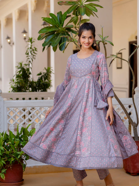 EthniFlair Floral Printed Panelled Thread Work Kurta with Trousers & Dupatta