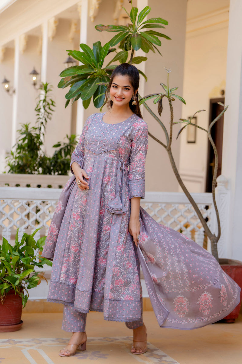 EthniFlair Floral Printed Panelled Thread Work Kurta with Trousers & Dupatta