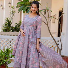 EthniFlair Floral Printed Panelled Thread Work Kurta with Trousers & Dupatta