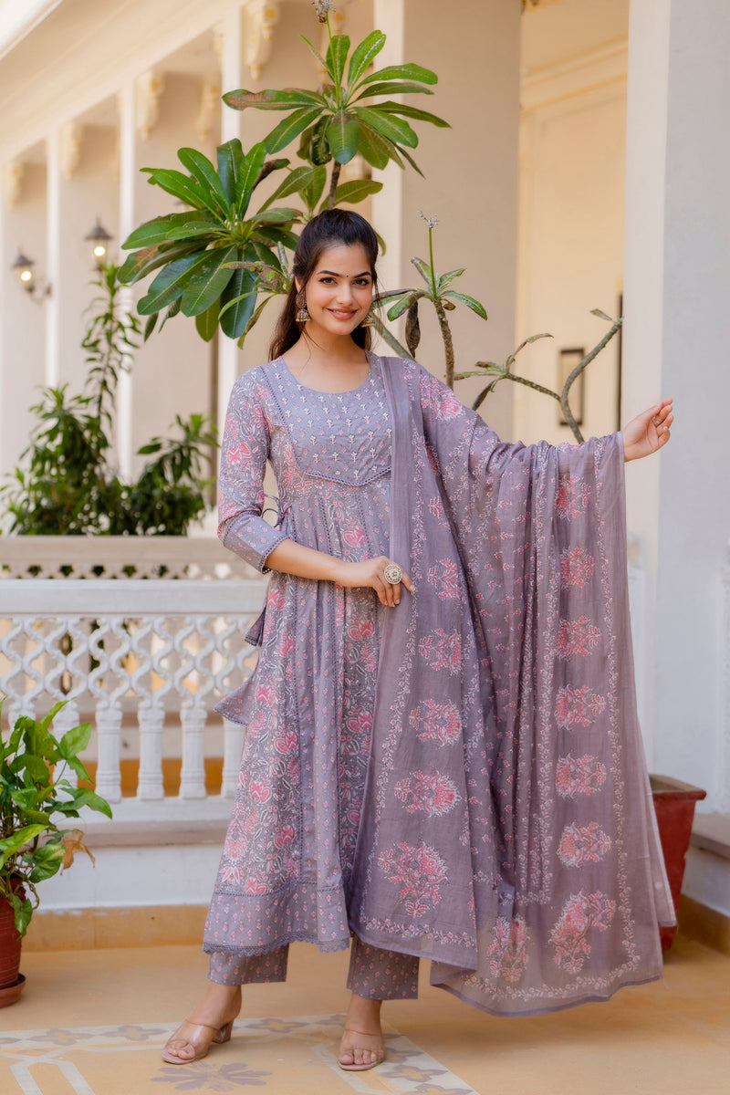 EthniFlair Floral Printed Panelled Thread Work Kurta with Trousers & Dupatta