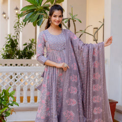 EthniFlair Floral Printed Panelled Thread Work Kurta with Trousers & Dupatta