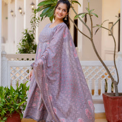EthniFlair Floral Printed Panelled Thread Work Kurta with Trousers & Dupatta