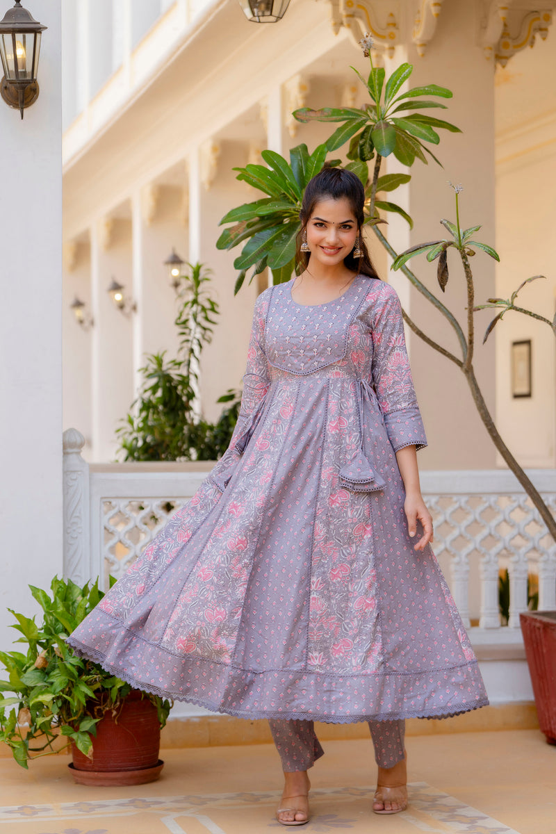 EthniFlair Floral Printed Panelled Thread Work Kurta with Trousers & Dupatta