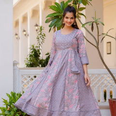 EthniFlair Floral Printed Panelled Thread Work Kurta with Trousers & Dupatta
