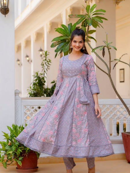 EthniFlair Floral Printed Panelled Thread Work Kurta with Trousers & Dupatta