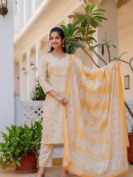 EthniFlair Floral Yoke Design Aari Work Kurta with Palazzos & Dupatta