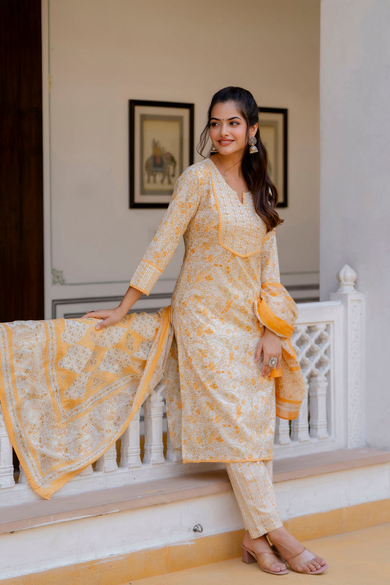 EthniFlair Floral Yoke Design Aari Work Kurta with Palazzos & Dupatta