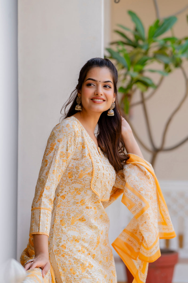 EthniFlair Floral Yoke Design Aari Work Kurta with Palazzos & Dupatta
