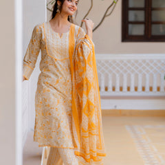 EthniFlair Floral Yoke Design Aari Work Kurta with Palazzos & Dupatta