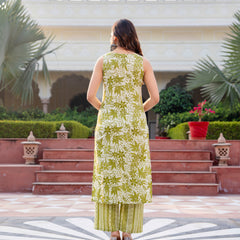 Cotton Sleeveless Yoke work Straight Kurta with Pants & Nazneen Dupatta