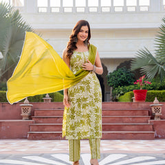 Cotton Sleeveless Yoke work Straight Kurta with Pants & Nazneen Dupatta