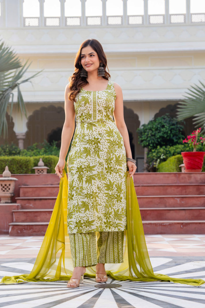 Cotton Sleeveless Yoke work Straight Kurta with Pants & Nazneen Dupatta