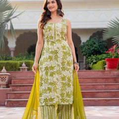 Cotton Sleeveless Yoke work Straight Kurta with Pants & Nazneen Dupatta