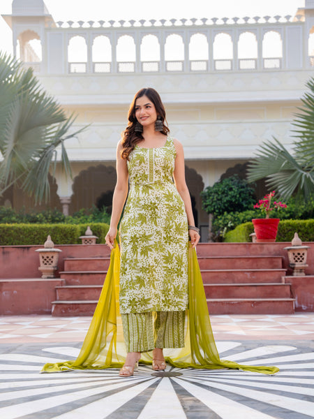 Cotton Sleeveless Yoke work Straight Kurta with Pants & Nazneen Dupatta