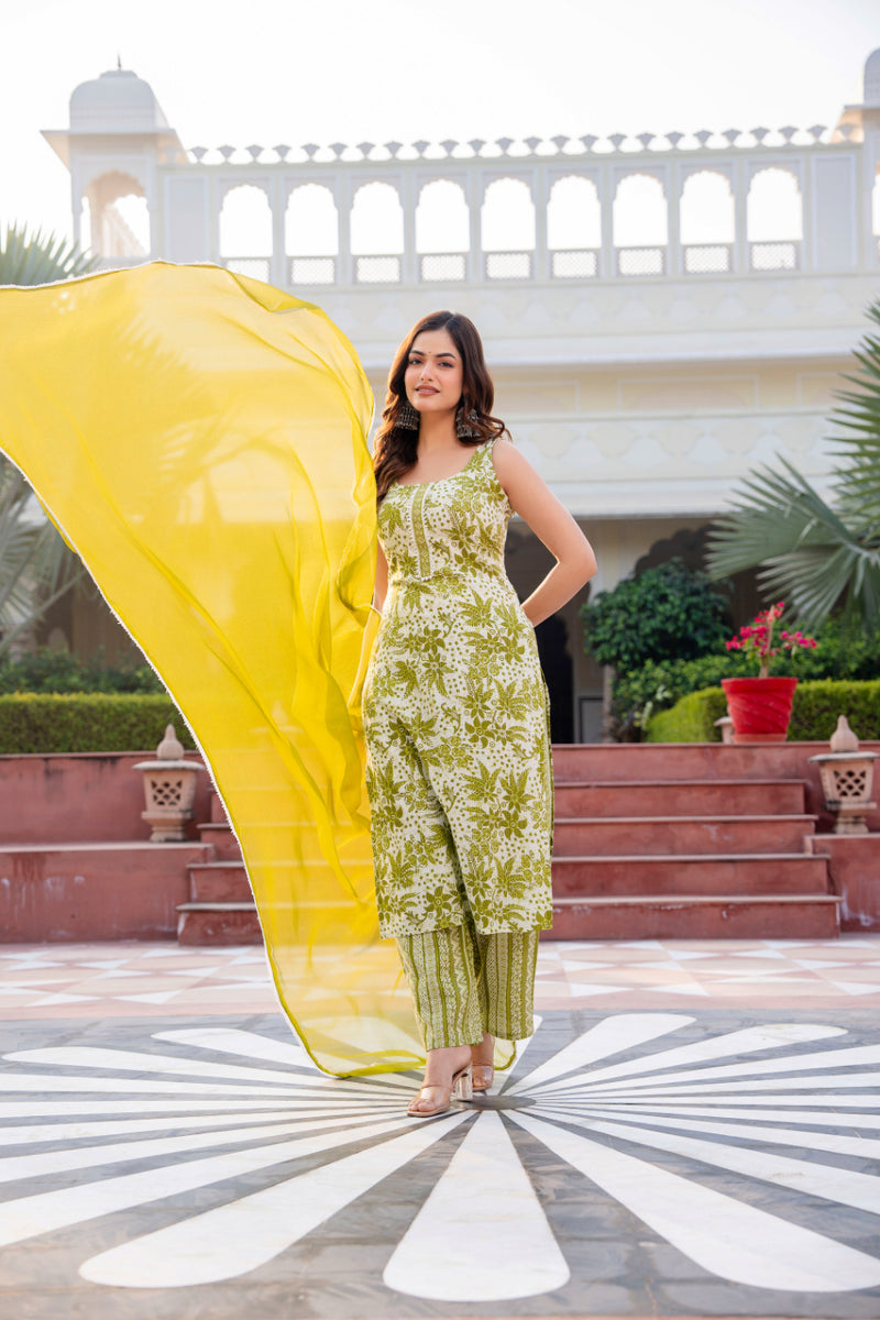 Cotton Sleeveless Yoke work Straight Kurta with Pants & Nazneen Dupatta