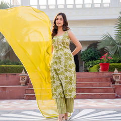 Cotton Sleeveless Yoke work Straight Kurta with Pants & Nazneen Dupatta