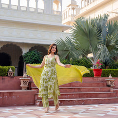 Cotton Sleeveless Yoke work Straight Kurta with Pants & Nazneen Dupatta