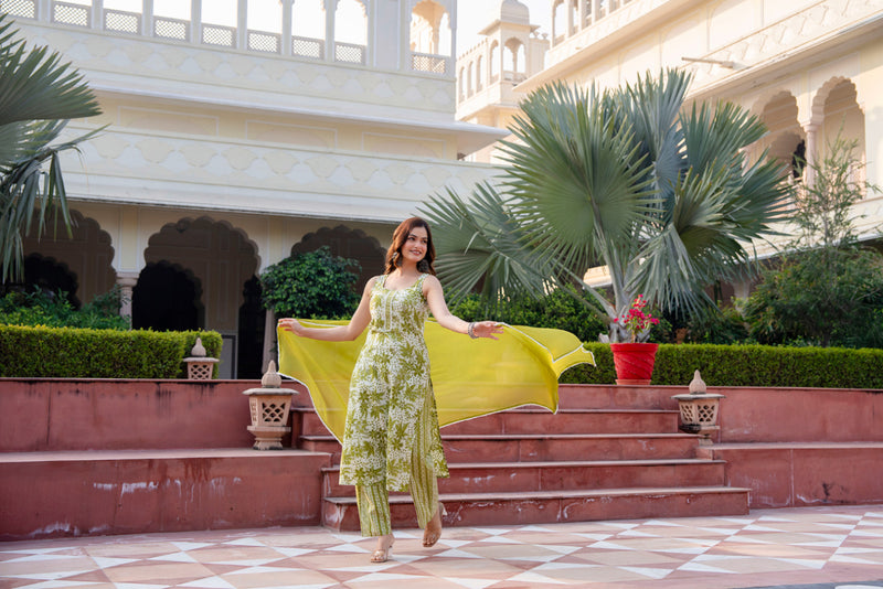 Cotton Sleeveless Yoke work Straight Kurta with Pants & Nazneen Dupatta