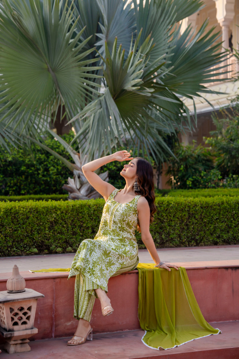 Cotton Sleeveless Yoke work Straight Kurta with Pants & Nazneen Dupatta