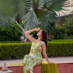 Cotton Sleeveless Yoke work Straight Kurta with Pants & Nazneen Dupatta
