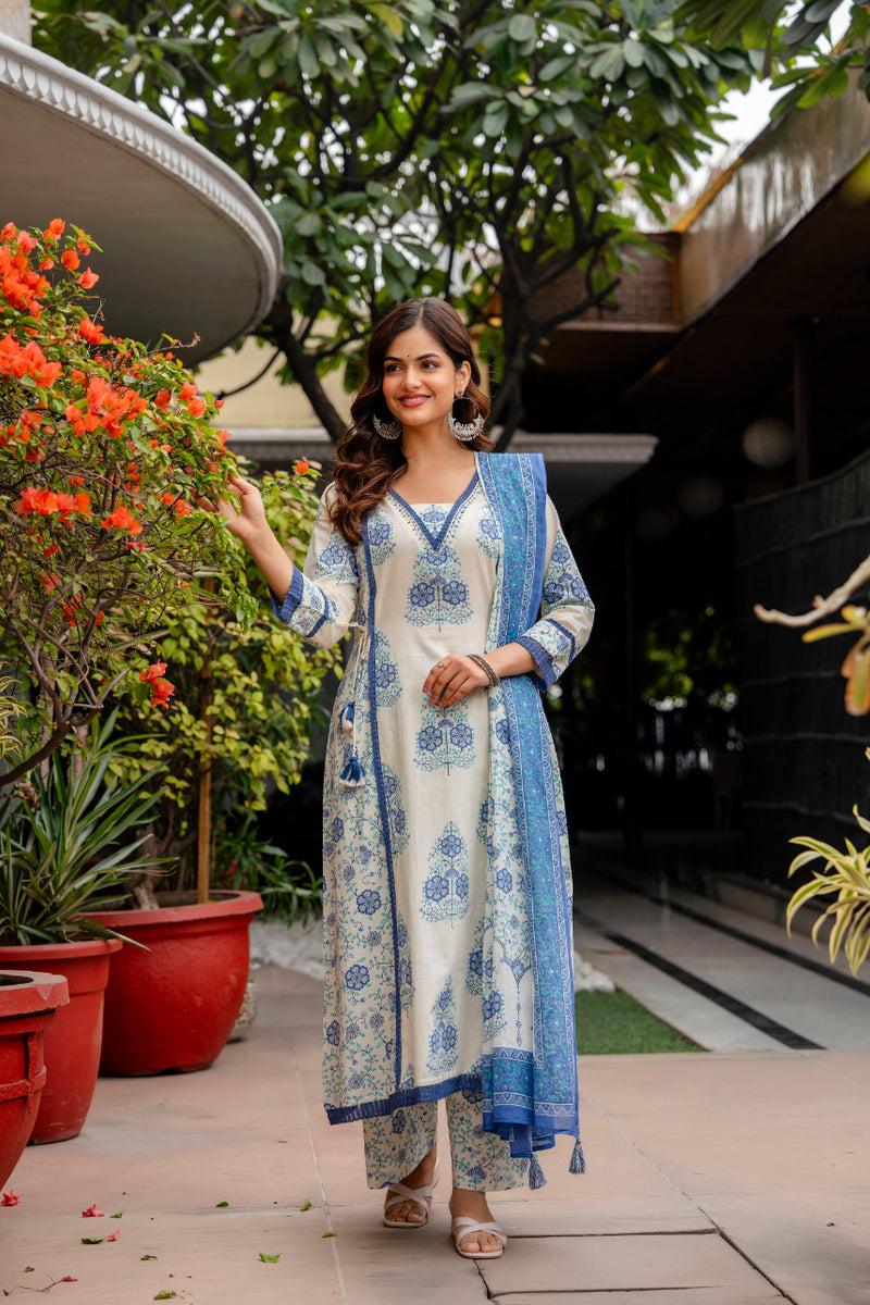 Cotton A-line Aari work Kurta with Palazzo & Dupatta
