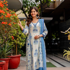 Cotton A-line Aari work Kurta with Palazzo & Dupatta