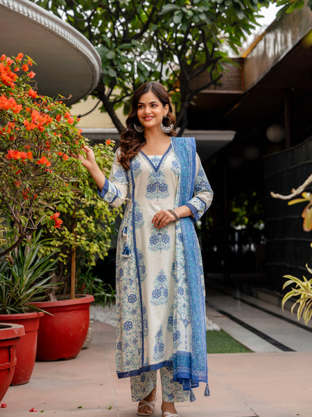 Cotton A-line Aari work Kurta with Palazzo & Dupatta