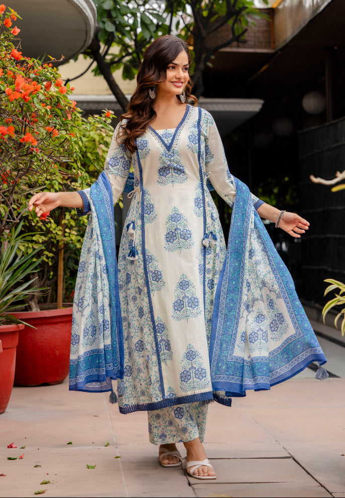 Cotton A-line Aari work Kurta with Palazzo & Dupatta