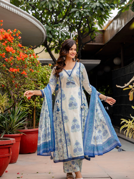Cotton A-line Aari work Kurta with Palazzo & Dupatta