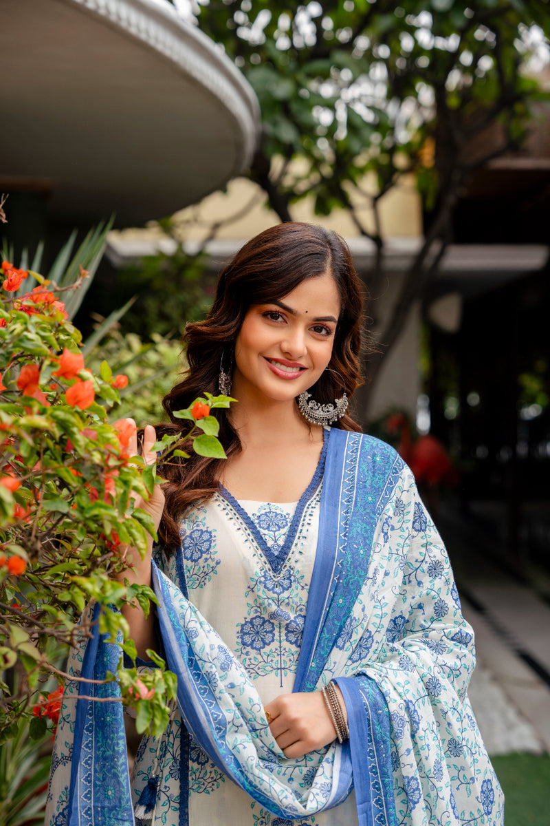 Cotton A-line Aari work Kurta with Palazzo & Dupatta