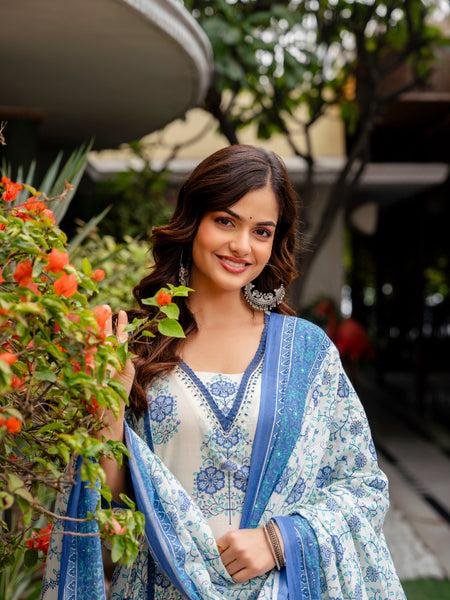 Cotton A-line Aari work Kurta with Palazzo & Dupatta