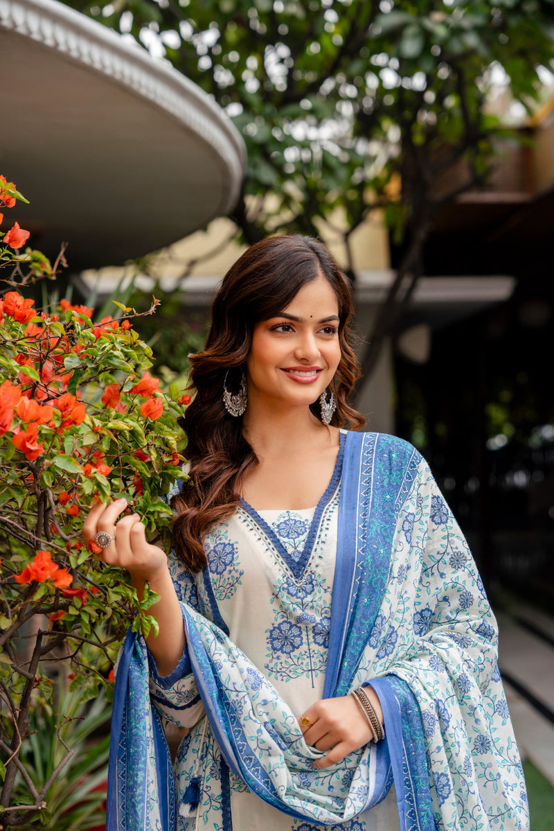 Cotton A-line Aari work Kurta with Palazzo & Dupatta