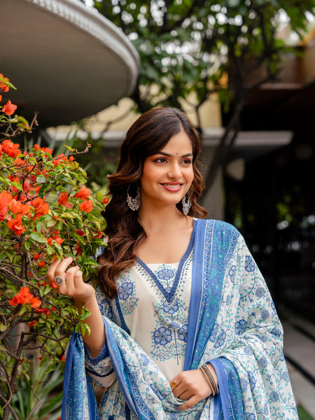 Cotton A-line Aari work Kurta with Palazzo & Dupatta