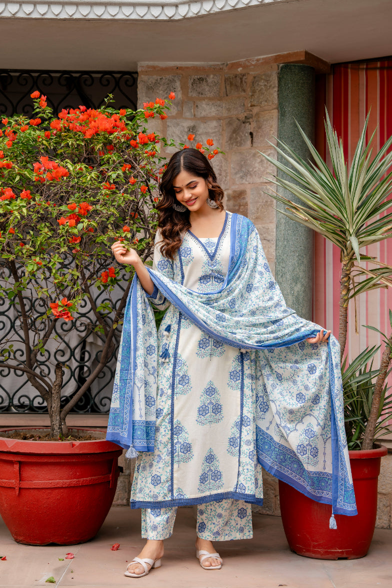 Cotton A-line Aari work Kurta with Palazzo & Dupatta