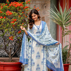Cotton A-line Aari work Kurta with Palazzo & Dupatta