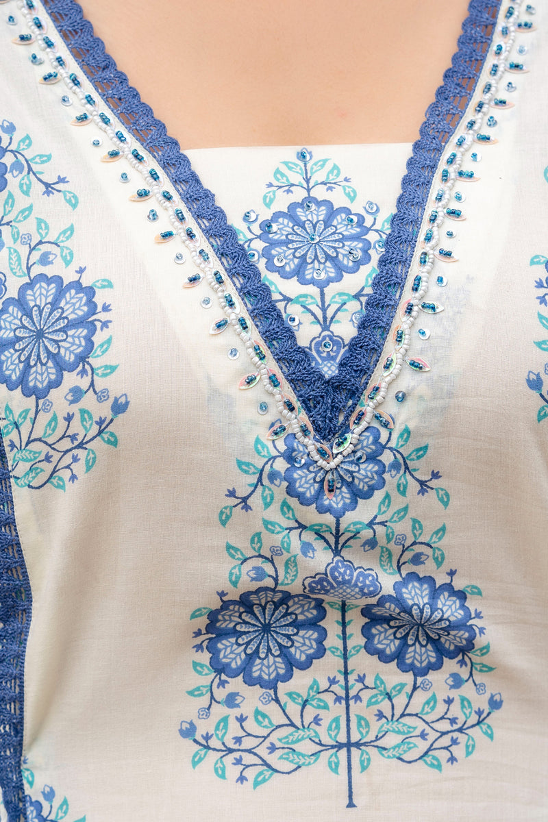 Cotton A-line Aari work Kurta with Palazzo & Dupatta