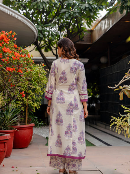Cotton A-line Aari work Kurta with Palazzo & Dupatta