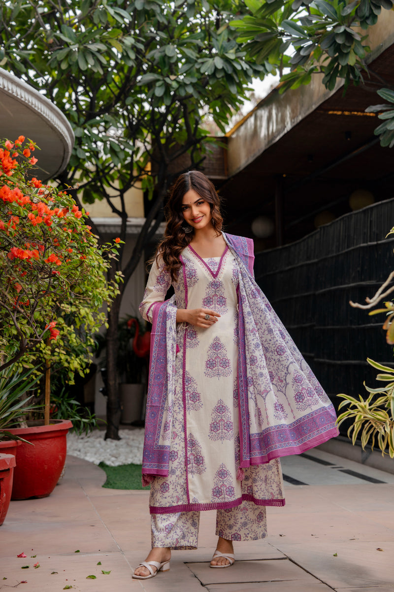 Cotton A-line Aari work Kurta with Palazzo & Dupatta