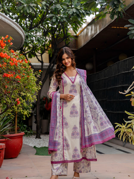 Cotton A-line Aari work Kurta with Palazzo & Dupatta