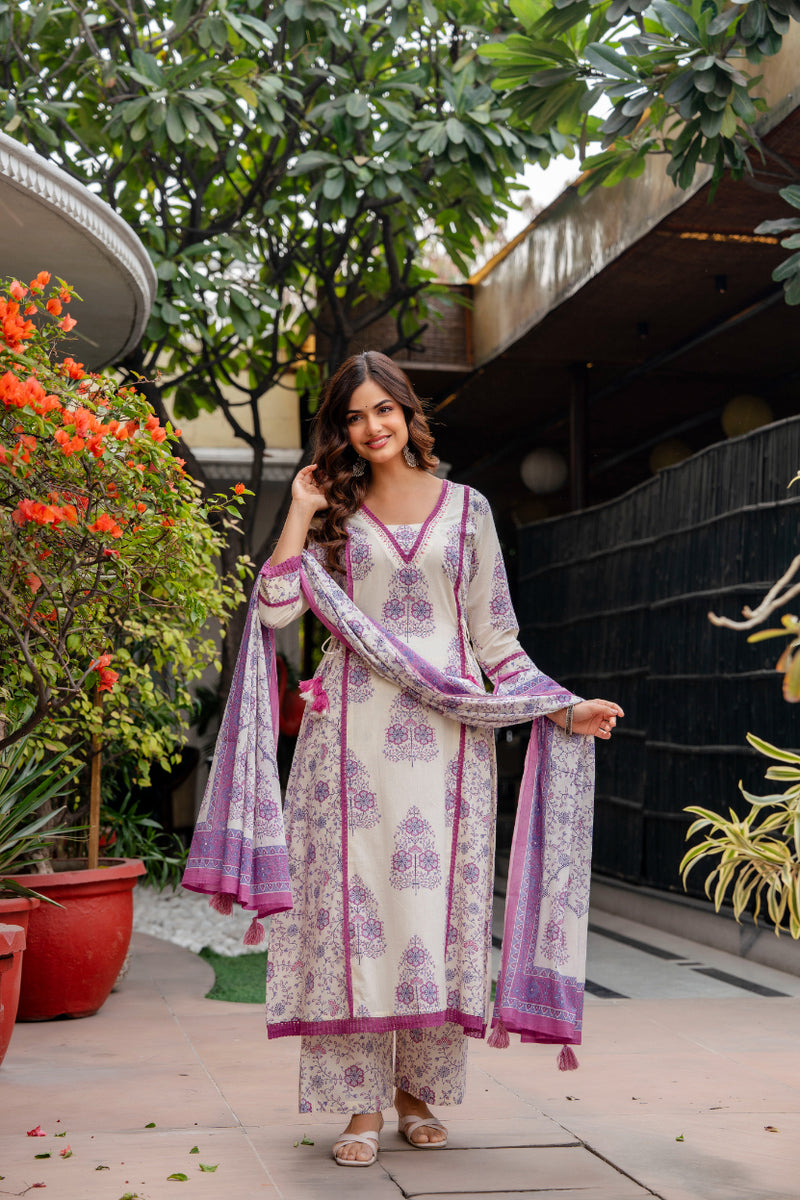 Cotton A-line Aari work Kurta with Palazzo & Dupatta