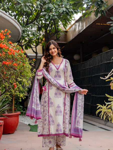 Cotton A-line Aari work Kurta with Palazzo & Dupatta