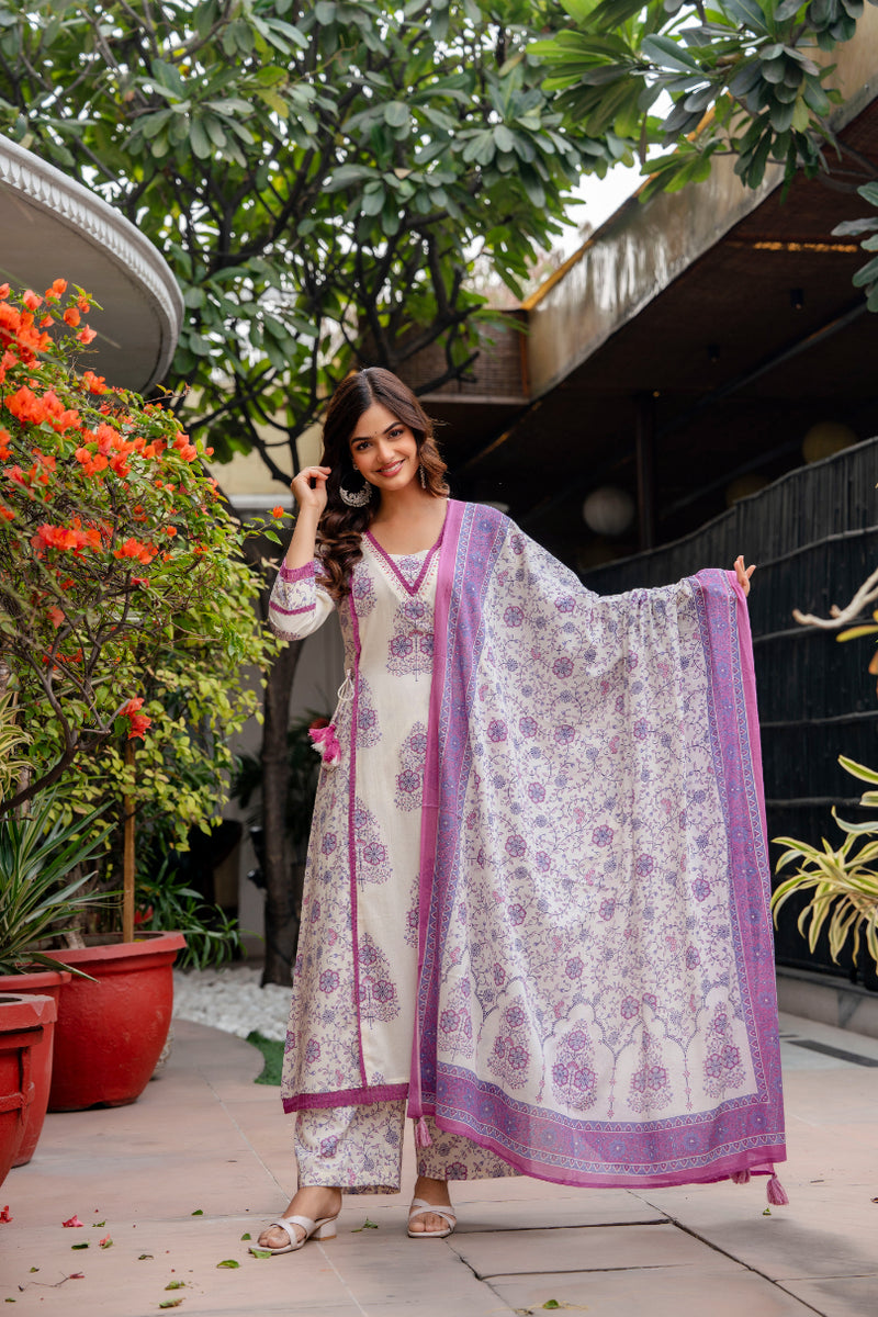 Cotton A-line Aari work Kurta with Palazzo & Dupatta