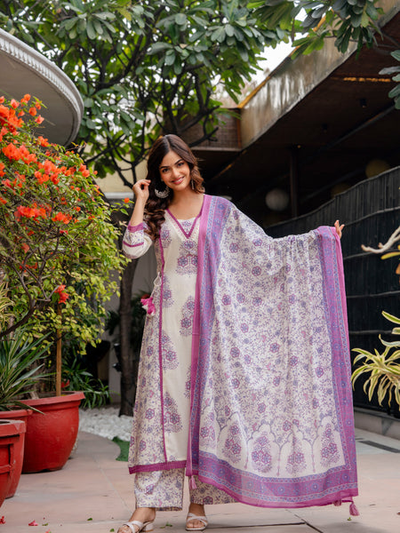 Cotton A-line Aari work Kurta with Palazzo & Dupatta