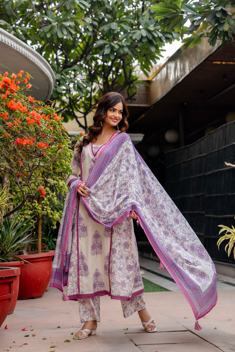 Cotton A-line Aari work Kurta with Palazzo & Dupatta
