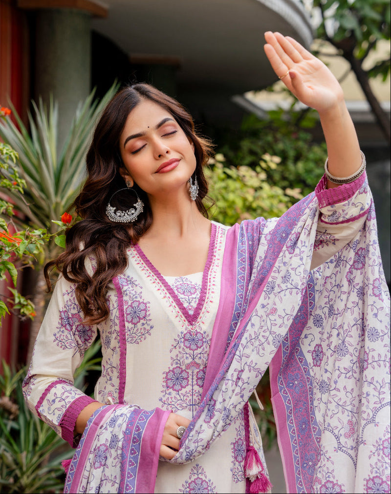 Cotton A-line Aari work Kurta with Palazzo & Dupatta